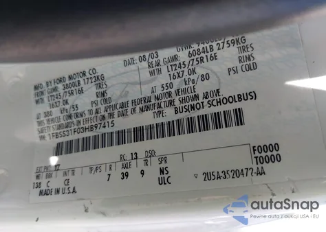 2003 Ford E-350 Super Duty Xl/Xlt z USA, uszkodzony, nr VIN 1FBSS31F03HB97415